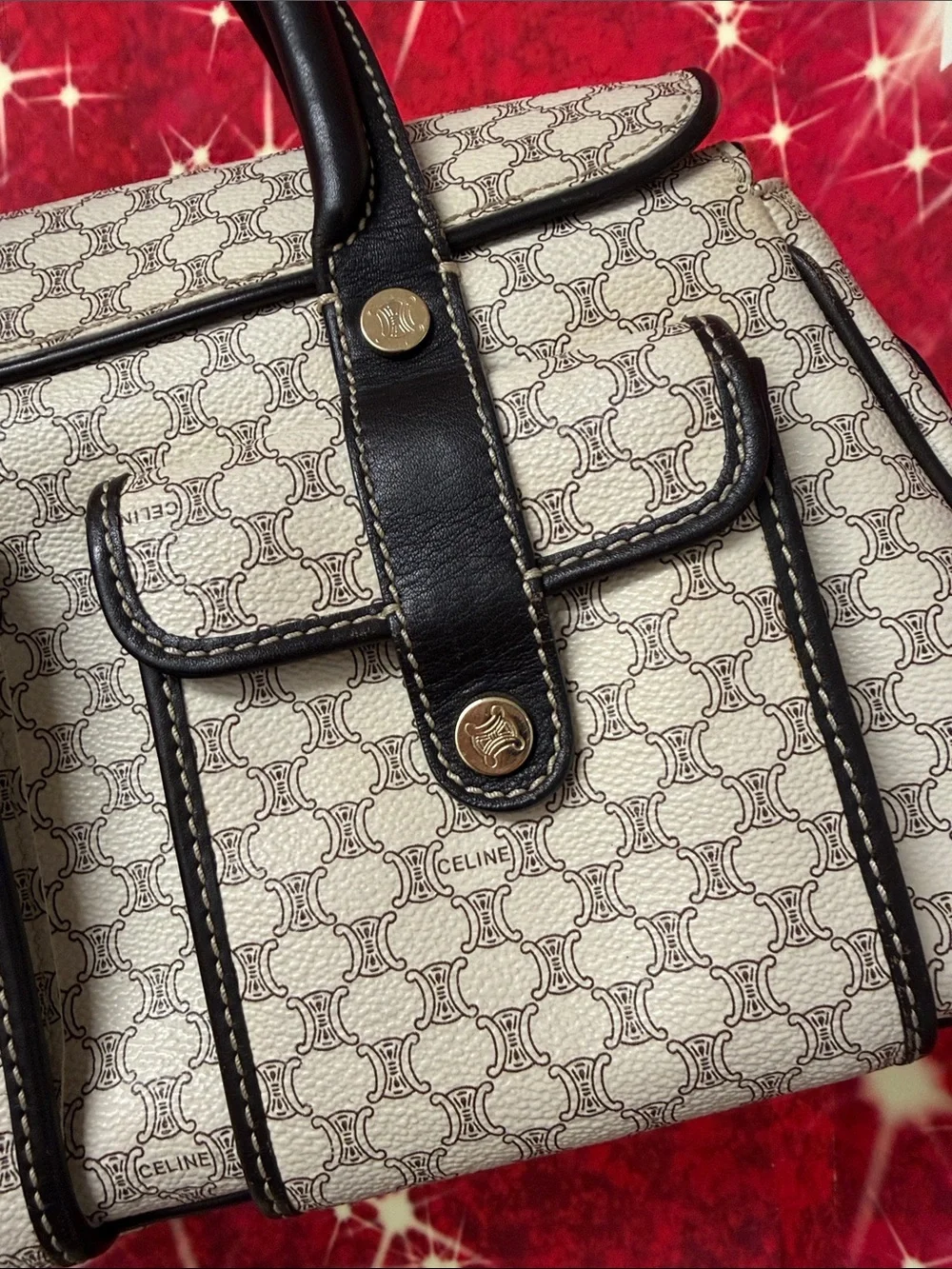 Celine Cream Patterned Satchel with Black Trim